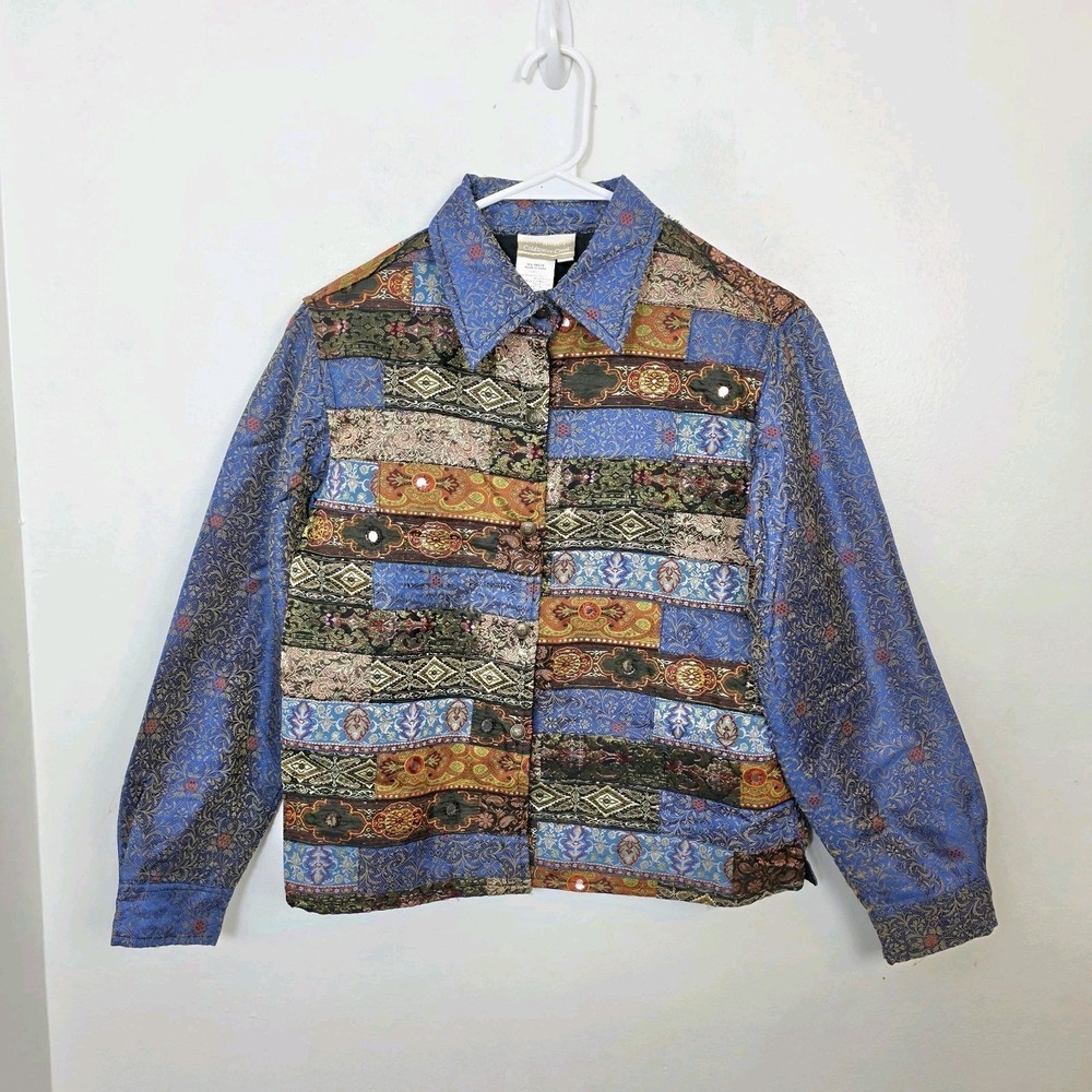Coldwater C. Blue Multicolor Patchwork Silk Blend Embroidered Artsy Jacket Siz S